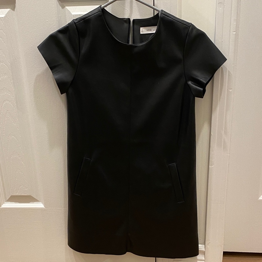 Mango Black Faux Leather Mini Dress with Short Sleeves, Size 9